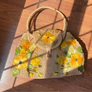 vintage 1970s Woven Straw Wicker floral Embroidered Handbag Purse